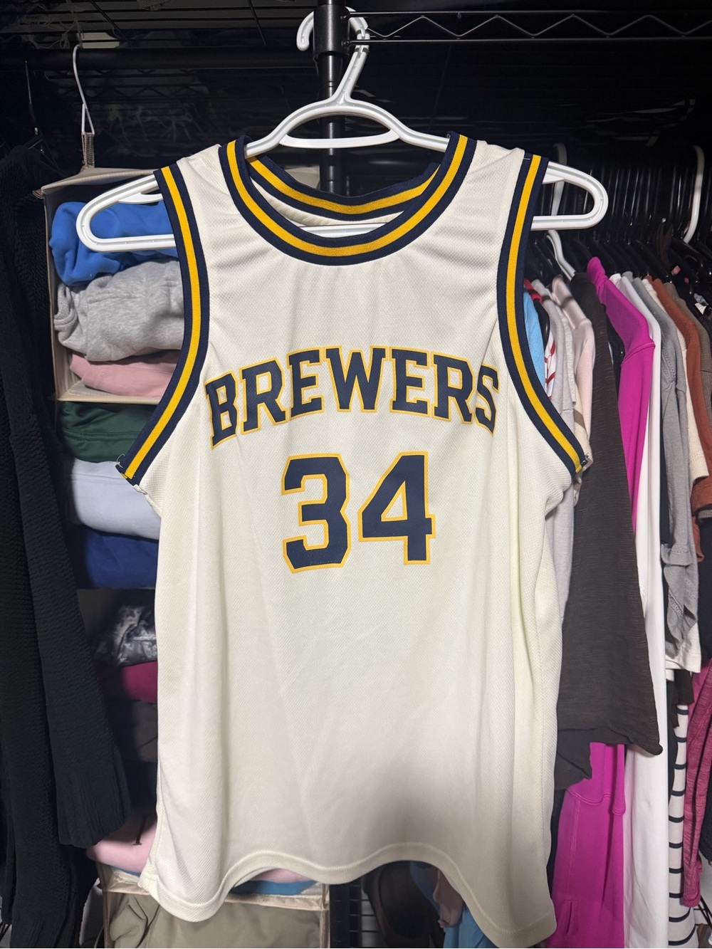 Brewers #34 Cream and Navy Basketball Jersey - Brand Unknown